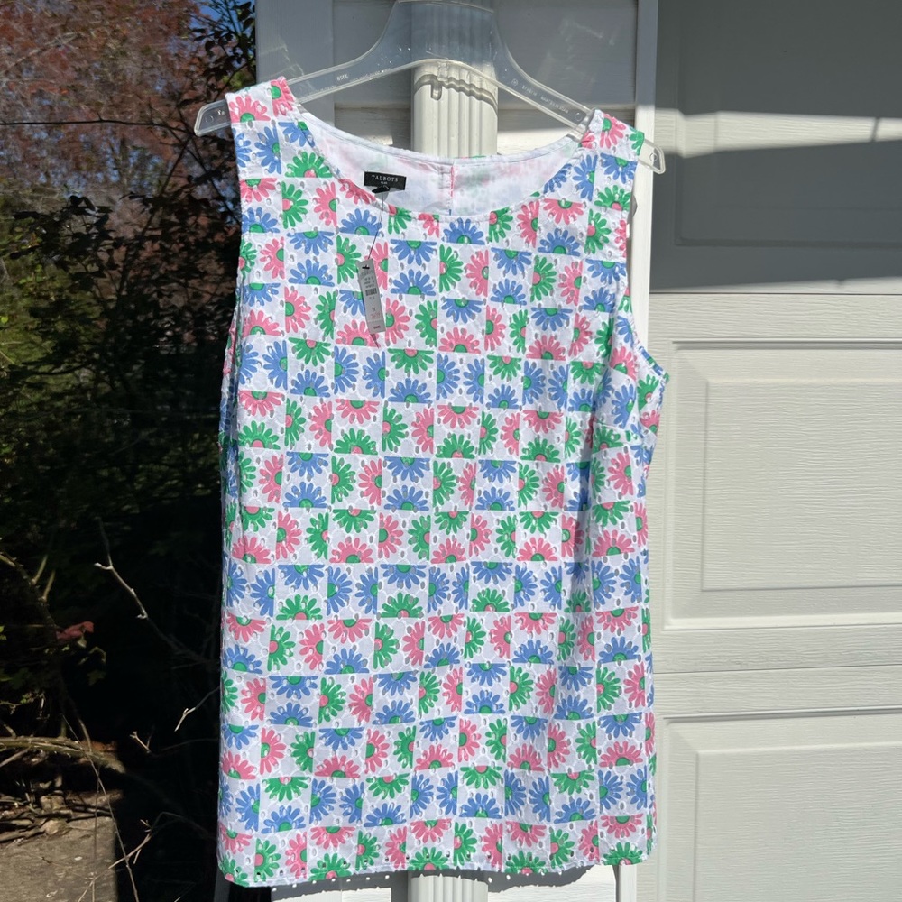 NWT Talbots Pretty Pink Blue Green Eyelet Sleeveless Button Back Cotton Lined